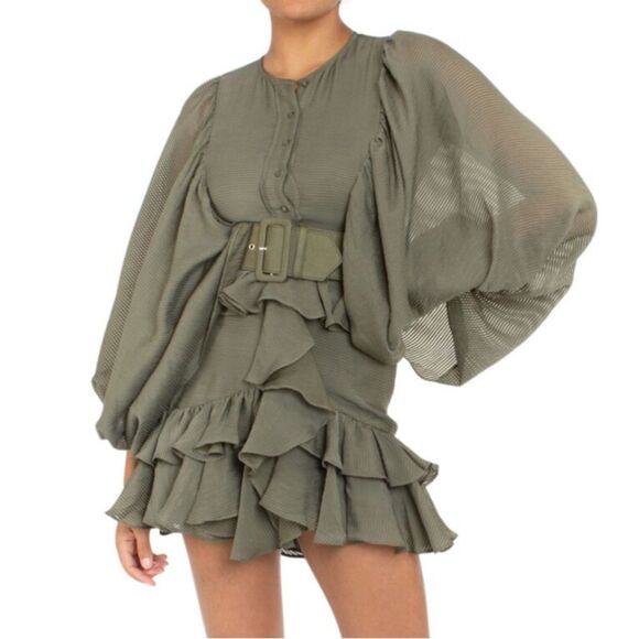 Shona Joy Charlotte Dress Draped Ruffle Balloon Sleeve in Khaki Size 4 - Picture 11 of 11